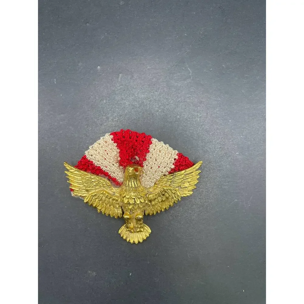 Vintage Gold Tone Eagle Parachute Pin Badge Red White Fabric Backing Emblem